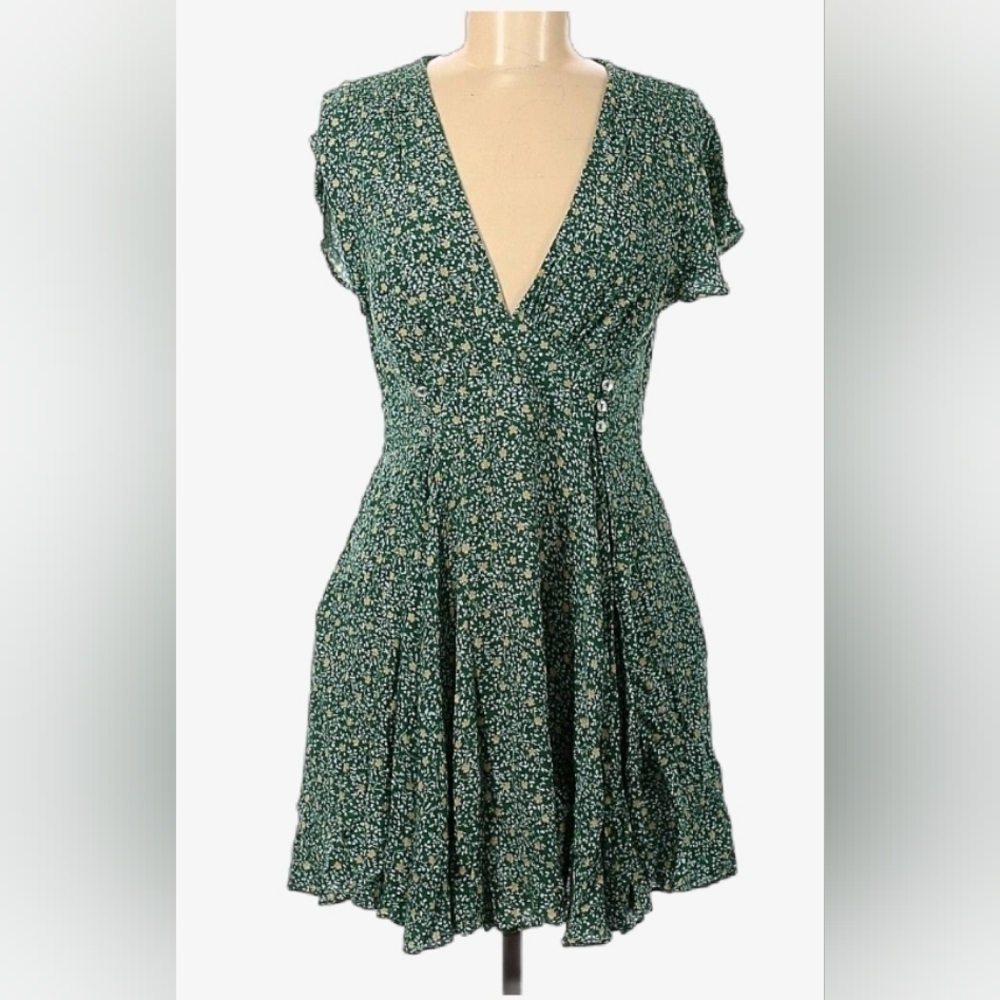 Free People Floral Green Deep V-Neck Dress